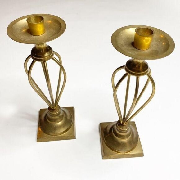 Vintage Brass India Candle Holders Metal Pedestal - Picture 1 of 8
